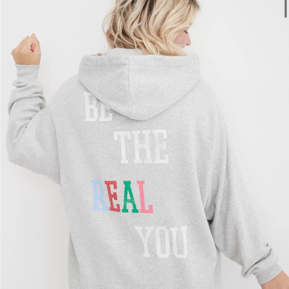 Aerie Gray Slogan Distressed Hoodie